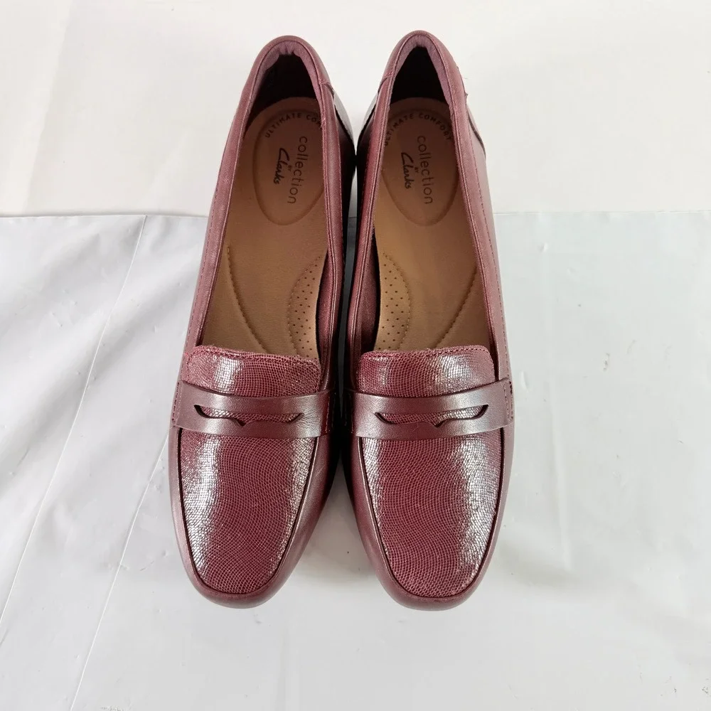 Clarks Women Juliet Coast‎ Leather Slip On Loafers Burgundy Size 6.5